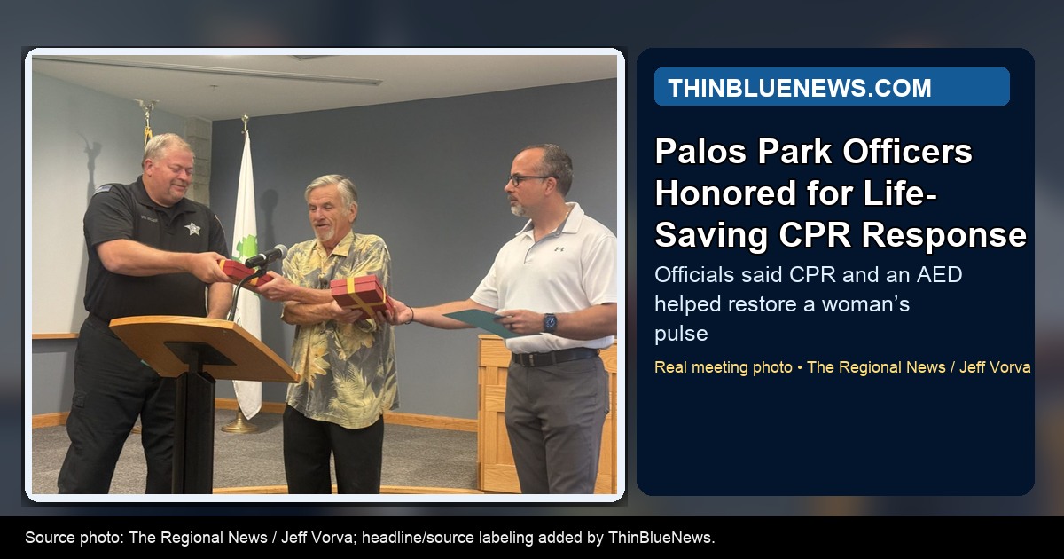 The Regional News photo by Jeff Vorva showing Palos Park Police Commissioner Dan Polk recognizing Officers Scott Van Wagner and Bob Kotsianis at a village council meeting; ThinBlueNews added headline and source labeling.