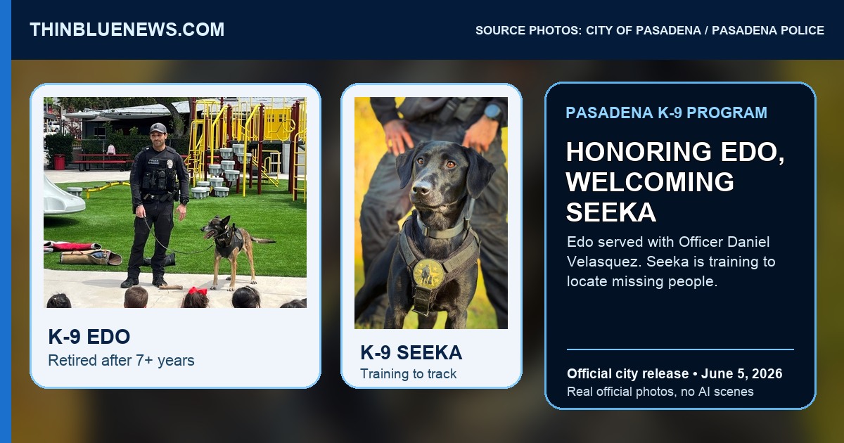 Official City of Pasadena source photos showing retiring Pasadena Police K-9 Edo and new K-9 Seeka; ThinBlueNews combined the real images with headline/source labeling.