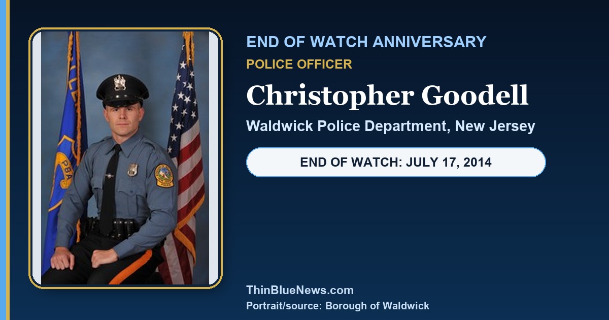 Official Borough of Waldwick portrait of Police Officer Christopher Goodell in a dignified ThinBlueNews End of Watch anniversary memorial design