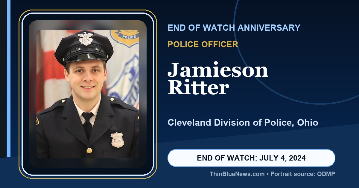 ThinBlueNews End of Watch anniversary memorial image for Police Officer Jamieson Ritter of the Cleveland Division of Police in Ohio, using an ODMP source portrait with attribution