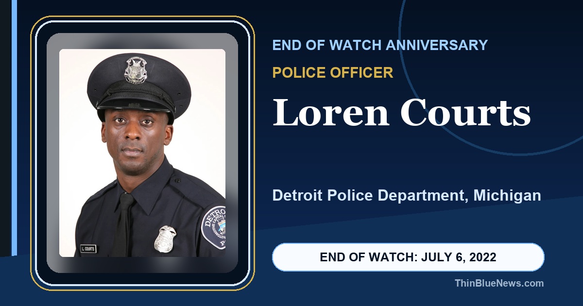 ThinBlueNews End of Watch anniversary memorial image for Police Officer Loren Courts of the Detroit Police Department, using an ODMP source portrait with attribution