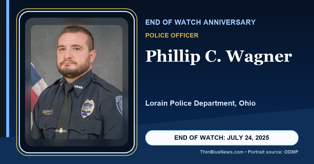 ODMP portrait of Lorain Police Department Officer Phillip C. Wagner in a dignified ThinBlueNews End of Watch anniversary memorial design