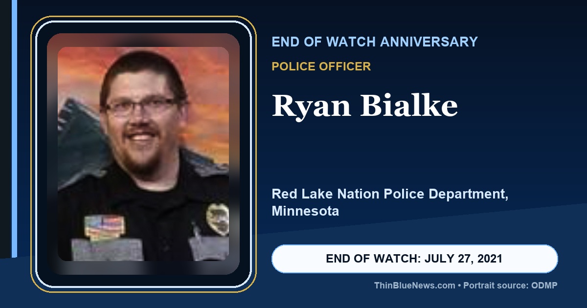 ODMP portrait of Red Lake Nation Police Officer Ryan Bialke in a dignified ThinBlueNews End of Watch anniversary memorial design