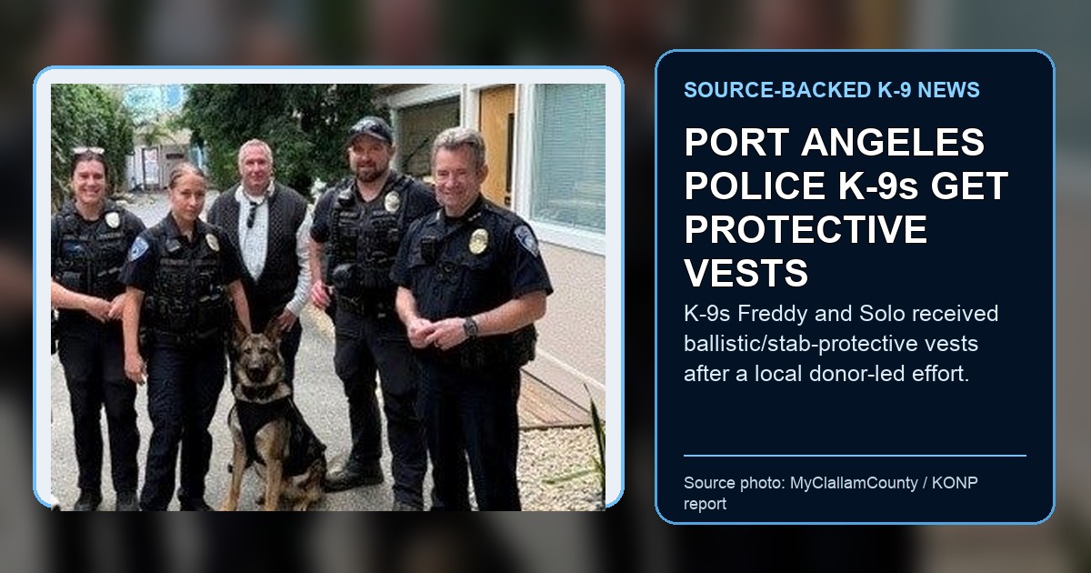 Source photo via MyClallamCounty/KONP showing Port Angeles Police personnel, K-9 Solo and community donors connected to a protective-vest donation; ThinBlueNews cropped for privacy and added headline/source labeling.