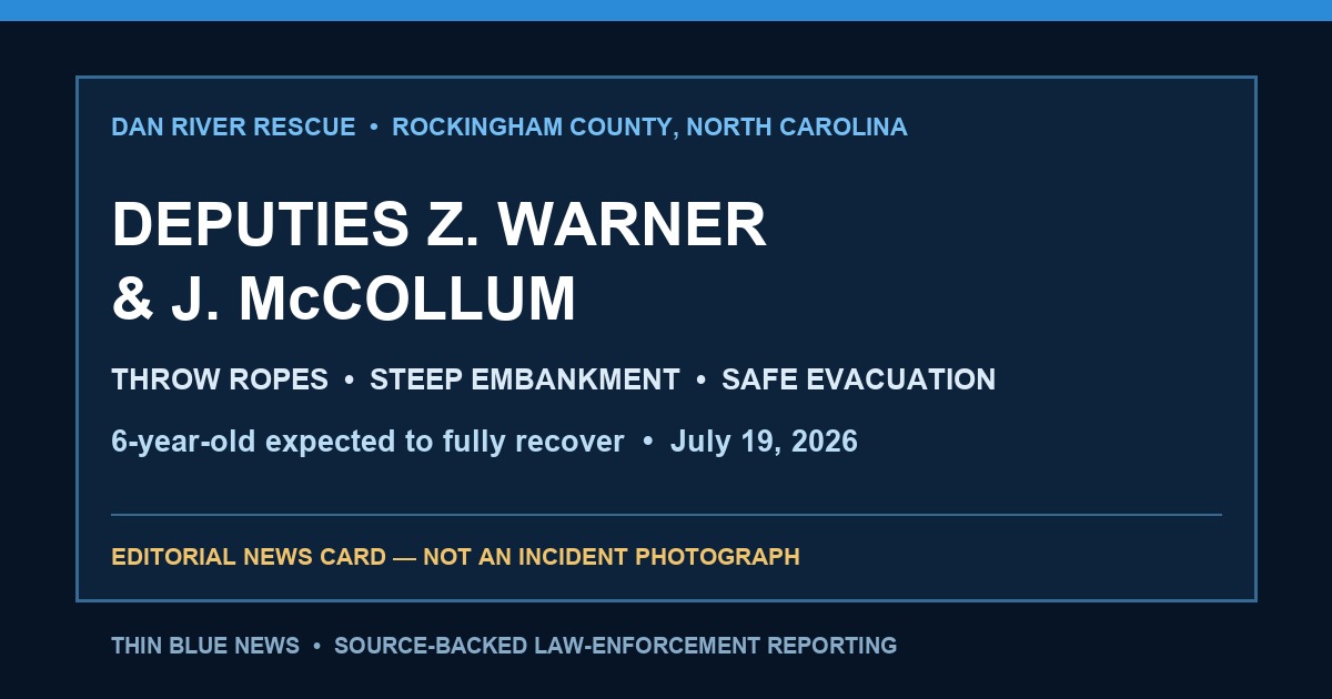 ThinBlueNews typography-only editorial card recognizing Rockingham County Deputies Z. Warner and J. McCollum for a Dan River child rescue; not an incident photograph.