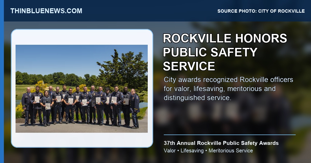 City of Rockville official photo showing Rockville Public Safety Awards recipients holding certificates outdoors; ThinBlueNews added headline and source labeling.