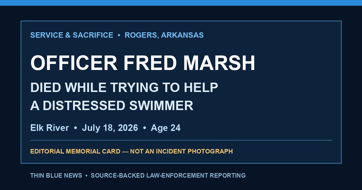 ThinBlueNews memorial editorial card honoring Rogers Police Officer Fred Marsh and stating that it is not an incident photograph.