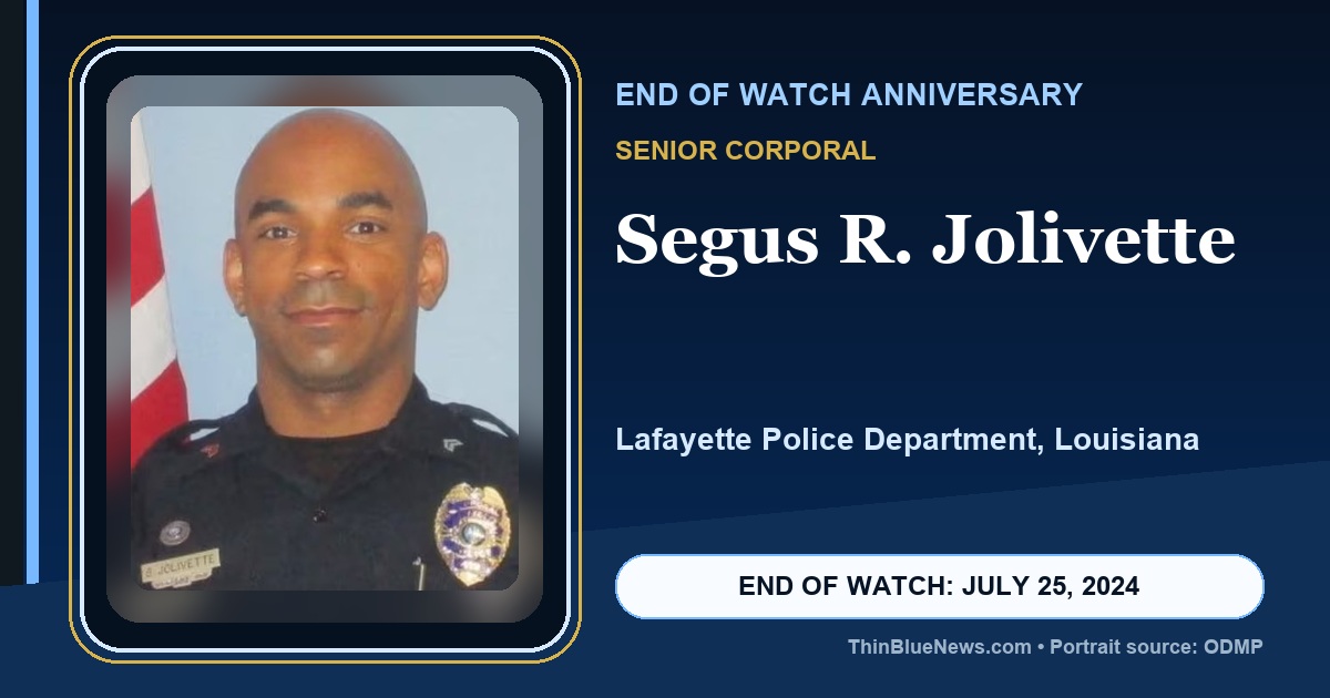 ODMP portrait of Lafayette Police Senior Corporal Segus R. Jolivette in a dignified ThinBlueNews End of Watch anniversary memorial design