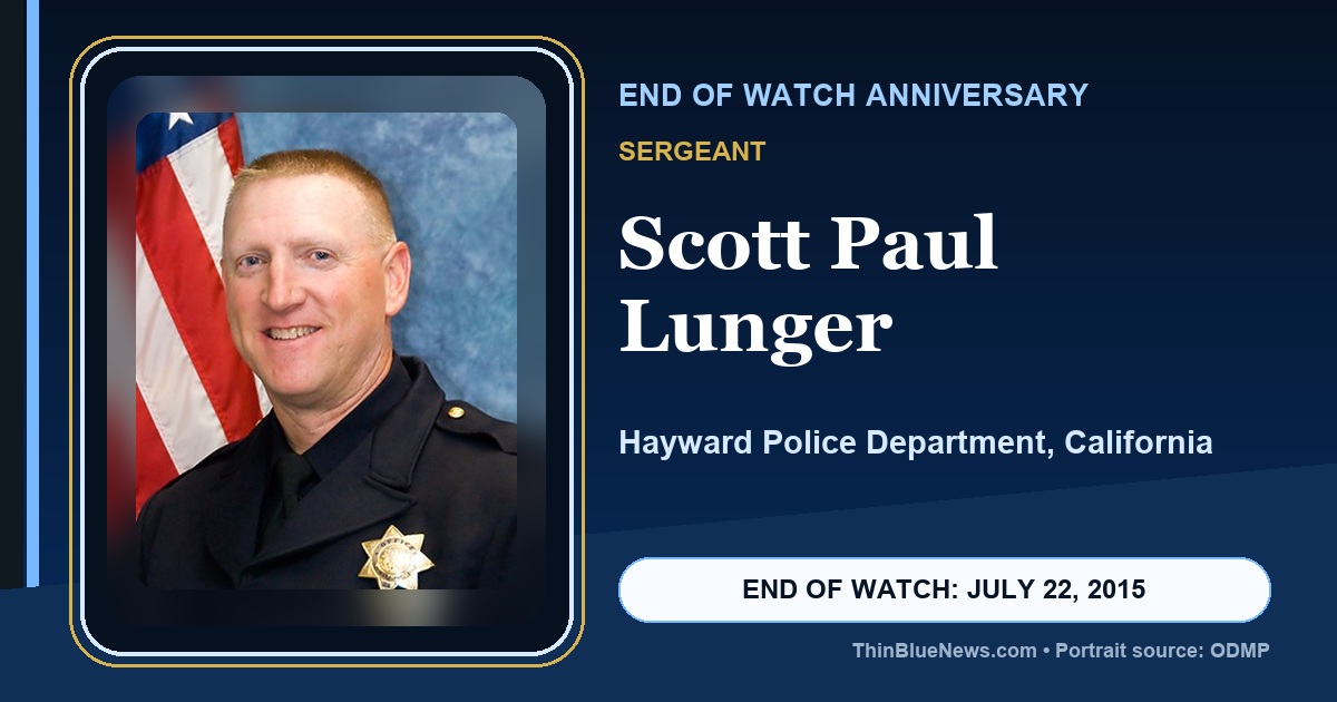 ODMP portrait of Hayward Police Department Sergeant Scott Paul Lunger in a dignified ThinBlueNews End of Watch anniversary memorial design