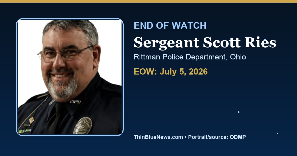 ThinBlueNews End of Watch memorial image for Sergeant Scott Ries of the Rittman Police Department in Ohio, using an ODMP source portrait with attribution