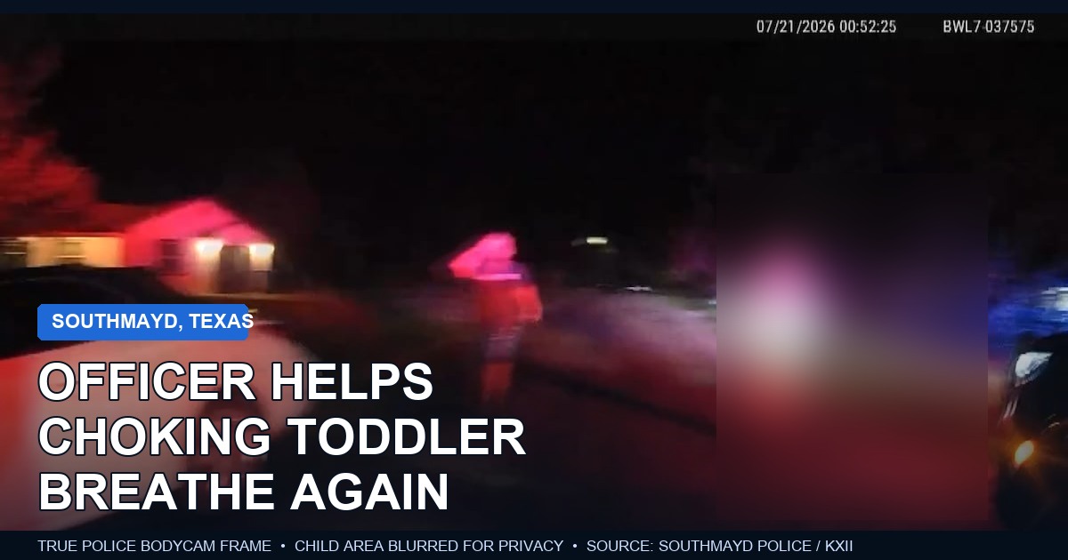 True Southmayd Police body-camera frame from Officer Scott Barrett's response to a choking toddler, with the child and adult blurred for privacy.