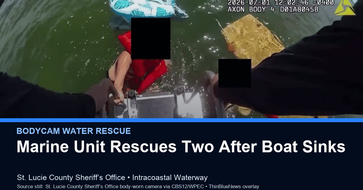 St. Lucie County Sheriff's Office body-worn-camera source still, published by CBS12/WPEC, showing Marine Unit deputies helping two boaters from the water after their boat sank in the Intracoastal Waterway; ThinBlueNews added headline and source labeling.