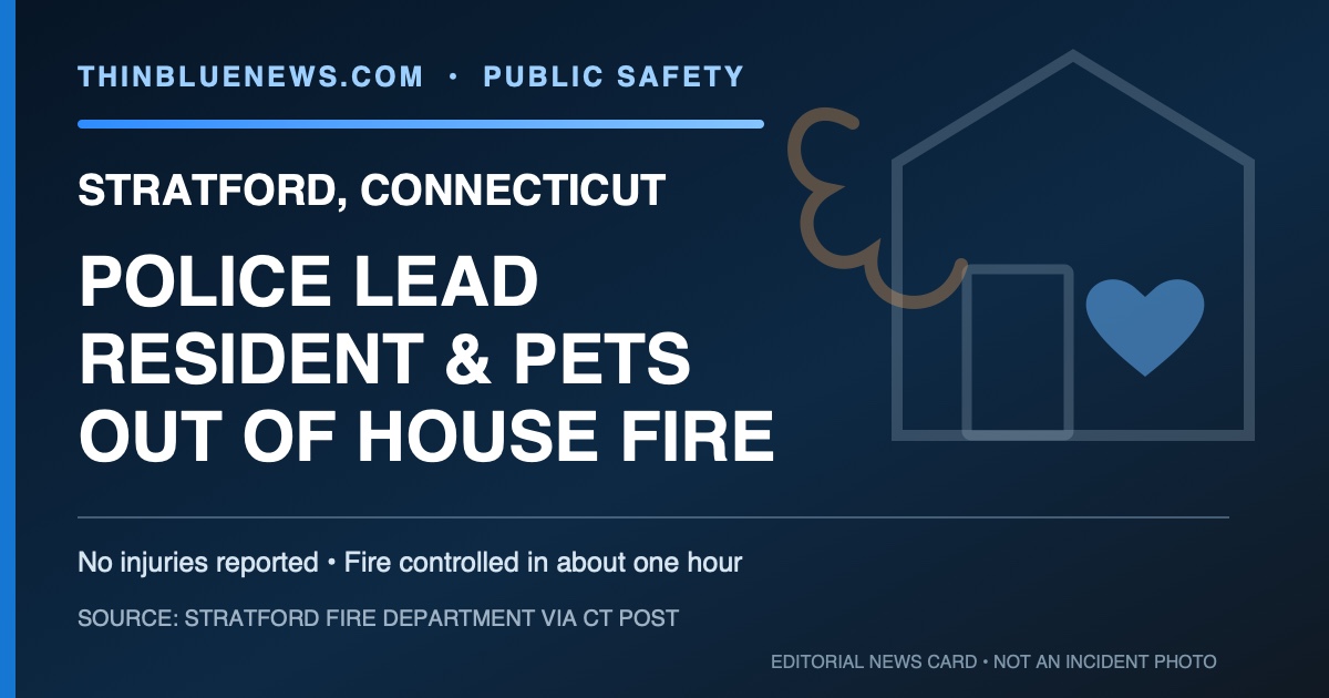 ThinBlueNews editorial card reporting that Stratford police led a resident and pets out of a house fire; the card is labeled as not being an incident photograph