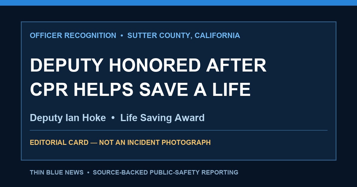 ThinBlueNews editorial card reading Deputy Honored After CPR Helps Save a Life, labeled as not an incident photograph.