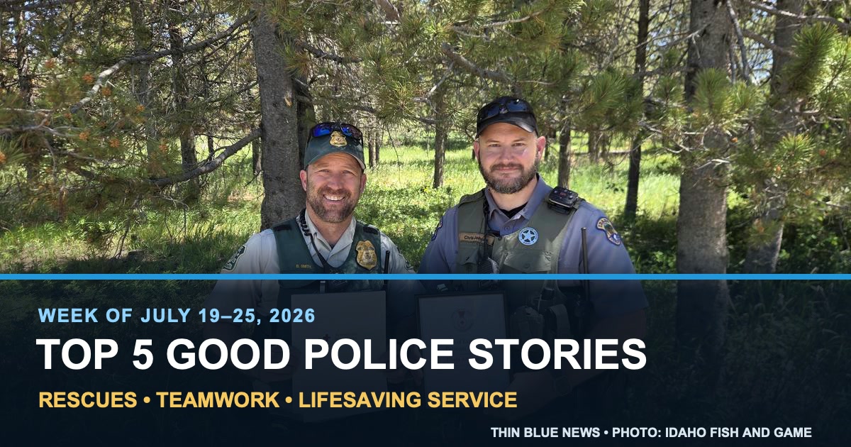 ThinBlueNews Top 5 Good Police Stories card featuring the real Idaho Fish and Game recognition photo of Officers Branden Smith and Chris Johnson with their American Red Cross lifesaving awards.