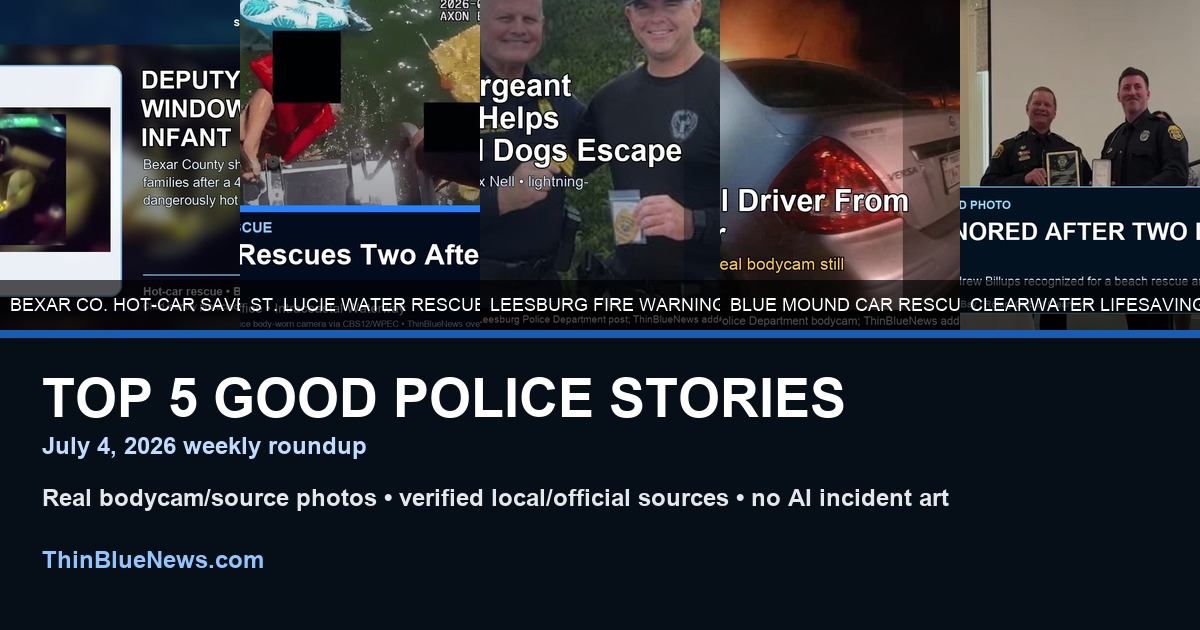 ThinBlueNews weekly Top 5 Good Police Stories collage using real source-backed images from Bexar County, St. Lucie County, Leesburg, Blue Mound and Clearwater stories.