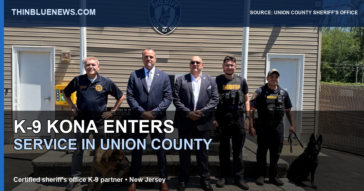 Union County Sheriff's Office source photo showing K-9 Kona with sheriff's office personnel and supporters; ThinBlueNews added headline and source labeling.