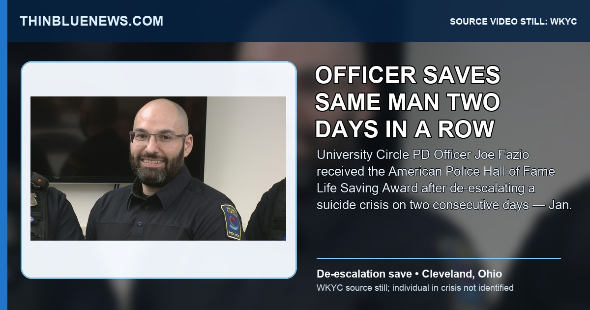 WKYC video still showing University Circle Police Officer Joe Fazio, who received the American Police Hall of Fame Life Saving Award after de-escalating the same man in crisis on two consecutive days; ThinBlueNews added headline and source labeling.