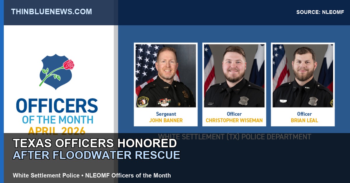 National Law Enforcement Officers Memorial Fund source graphic/photo showing White Settlement Sgt. John Banner, Officer Christopher Wiseman and Officer Brian Leal; ThinBlueNews added headline and source labeling about the floodwater rescue recognition.