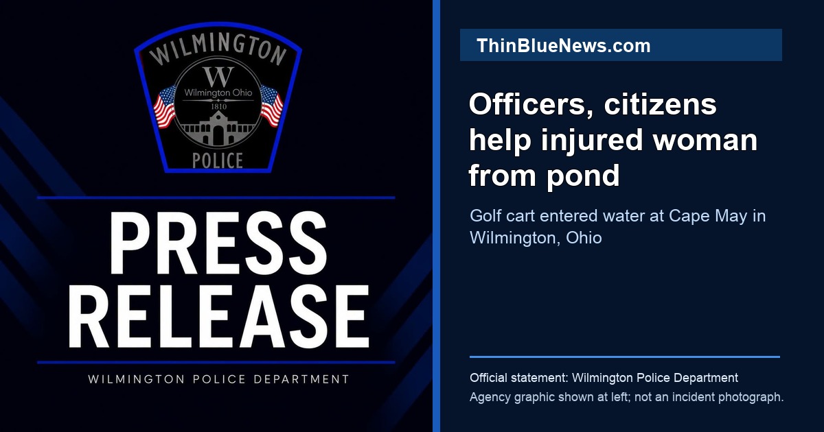 Official Wilmington Police Department press-release graphic beside a ThinBlueNews headline stating that officers and citizens helped an injured woman from a pond after a golf cart crash.