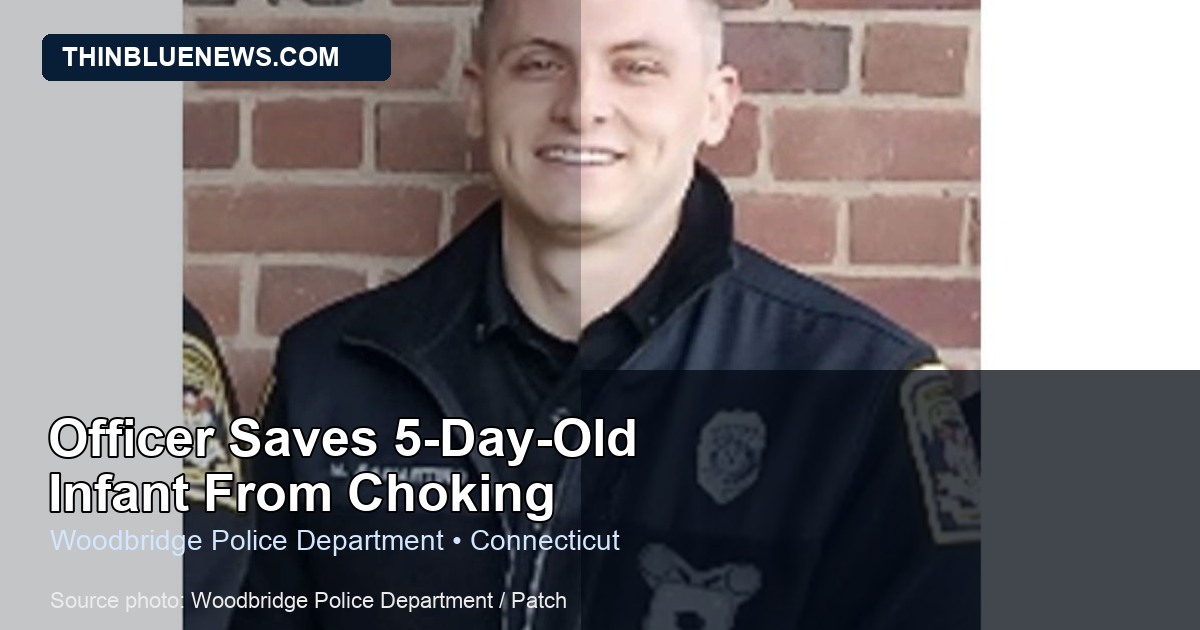 Official Woodbridge Police Department photo of Officer Nicholas Samartino; ThinBlueNews added headline and source labeling for a story about saving a choking 5-day-old infant.