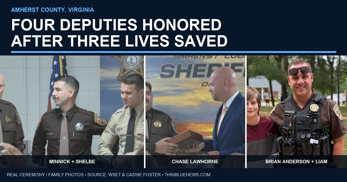 ThinBlueNews editorial collage using real WSET ceremony photographs of Amherst County deputies Matthew Minnick, Hayden Shelbe and Chase Lawhorne, plus a family photograph of Sergeant Brian Anderson with 12-year-old Liam Foster after the emergency.