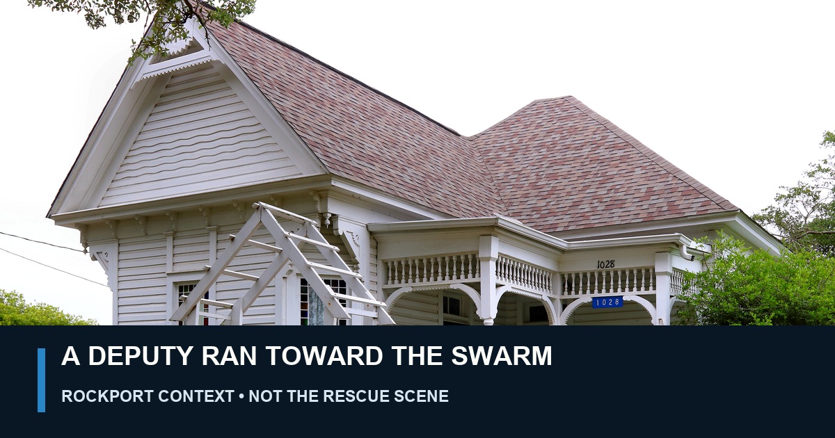 Context photograph of a historic house in Rockport, Texas, labeled A Deputy Ran Toward the Swarm and clearly marked as not depicting the rescue scene.