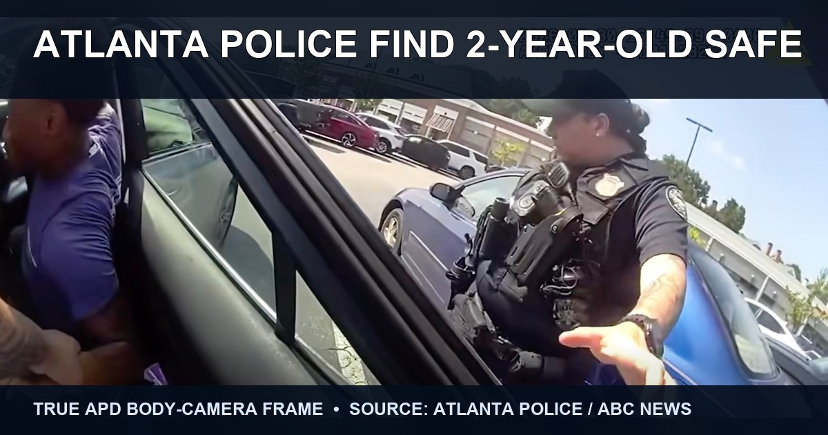 True Atlanta Police Department body-camera frame showing officers beside the recovered vehicle during the safe recovery of a 2-year-old child