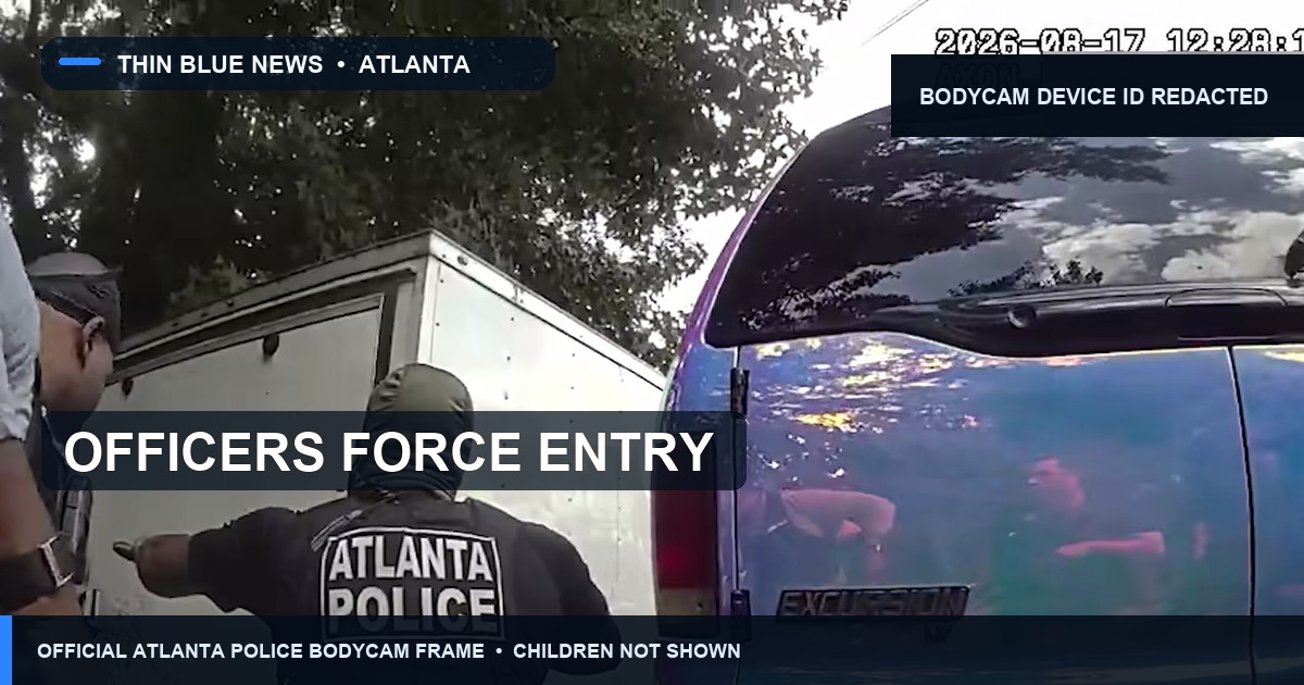 Official Atlanta Police body-camera video frame showing officers at the locked trailer before entry; children and suspect are not shown.