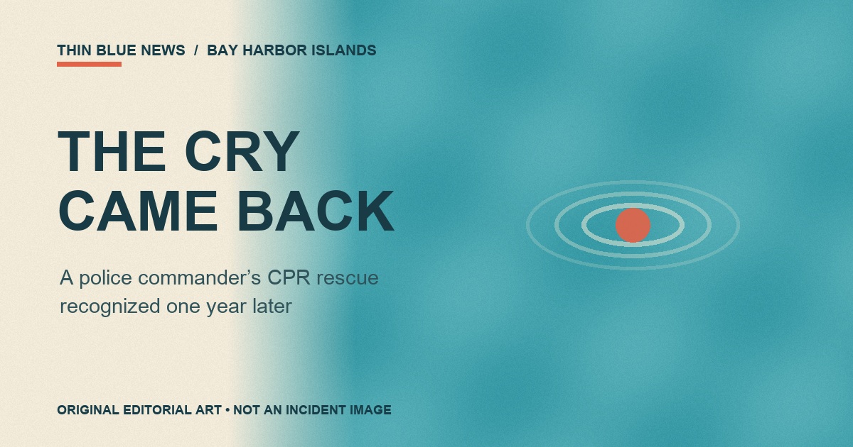 ThinBlueNews original cream-and-aqua editorial artwork with a single coral ripple and the words The Cry Came Back; clearly labeled as not an incident image.