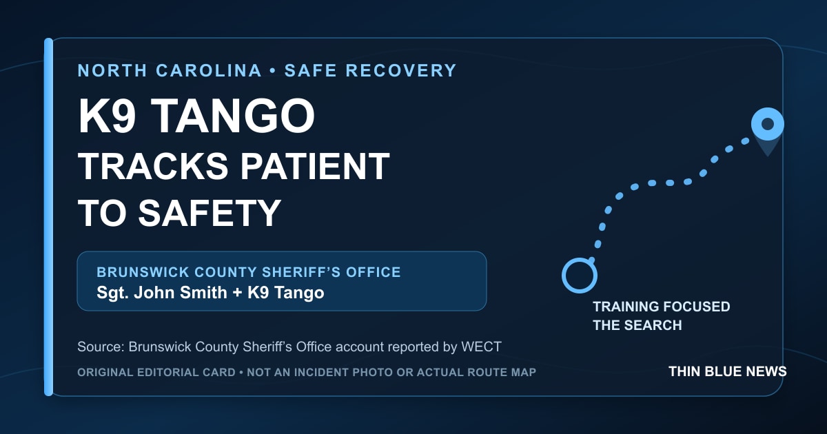 ThinBlueNews original editorial card about Sgt. John Smith and K9 Tango tracking an endangered hospital patient in Brunswick County; not an incident photograph.