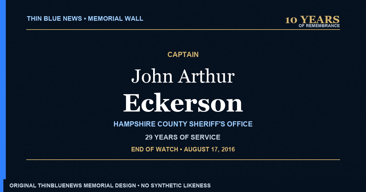 Original ThinBlueNews memorial honoring Captain John Arthur Eckerson on the 10th anniversary of his End of Watch, with 29 years of service noted and no synthetic likeness.