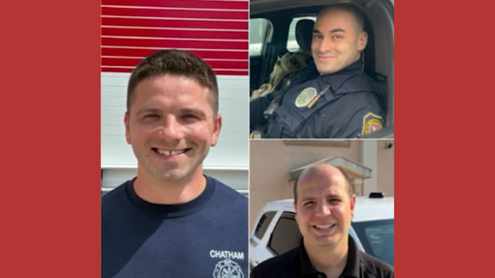 Source collage showing Chatham first responders recognized after police officers and an off-duty firefighter helped revive a man at a gym
