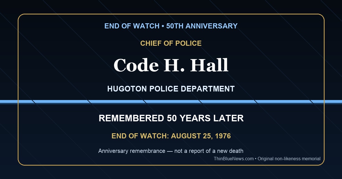 Original ThinBlueNews non-likeness memorial honoring Hugoton Police Chief Code H. Hall on the 50th anniversary of his End of Watch