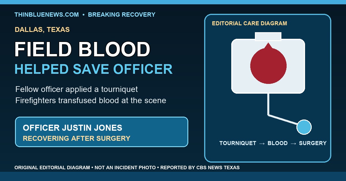 ThinBlueNews original editorial care diagram showing a symbolic blood bag and care sequence, clearly labeled as not an incident photo.