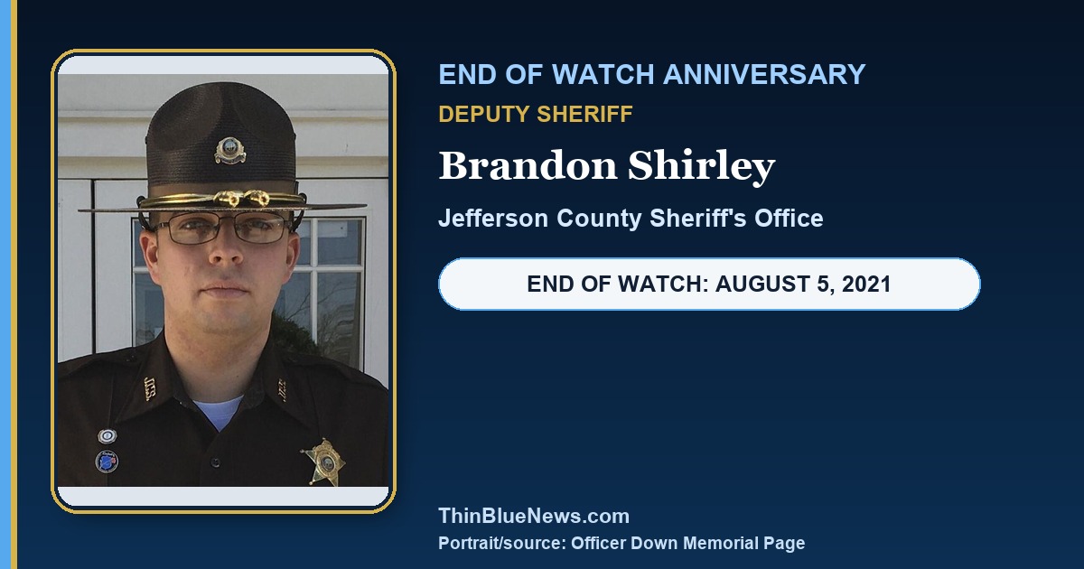 ODMP portrait of Jefferson County Deputy Brandon Shirley in a dignified ThinBlueNews End of Watch anniversary memorial design