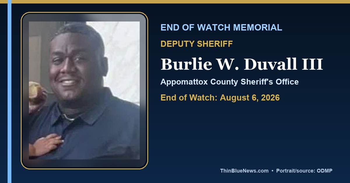 ODMP portrait of Appomattox County Deputy Sheriff Burlie W. Duvall III in a dignified ThinBlueNews End of Watch memorial design with source attribution