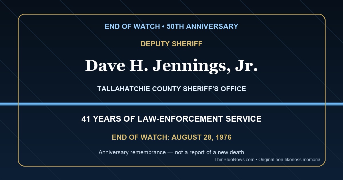 Original ThinBlueNews non-likeness memorial honoring Tallahatchie County Deputy Dave H. Jennings, Jr. on the 50th anniversary of his End of Watch