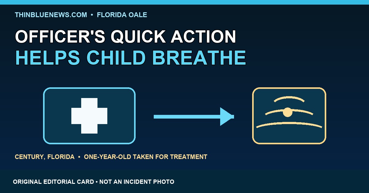 ThinBlueNews original abstract medical-aid and response-route editorial card for Florida OALE Officer William Register's response to a choking child in Century, labeled as not an incident photo.
