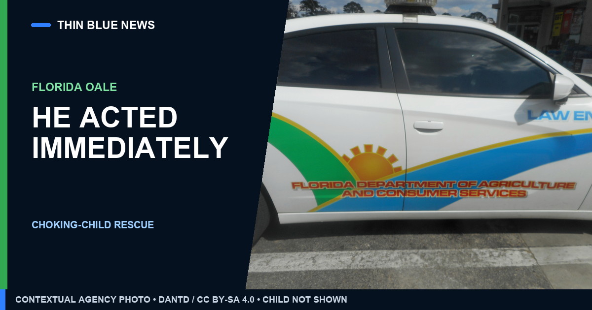 Contextual Florida OALE police vehicle photo with the headline ‘He acted immediately’; the child and reported emergency are not shown.