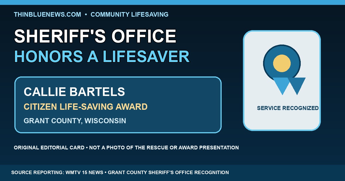 ThinBlueNews original editorial card reading Sheriff’s Office honors a lifesaver, naming Callie Bartels and Grant County, Wisconsin, and labeled as not a rescue or award-presentation photo.