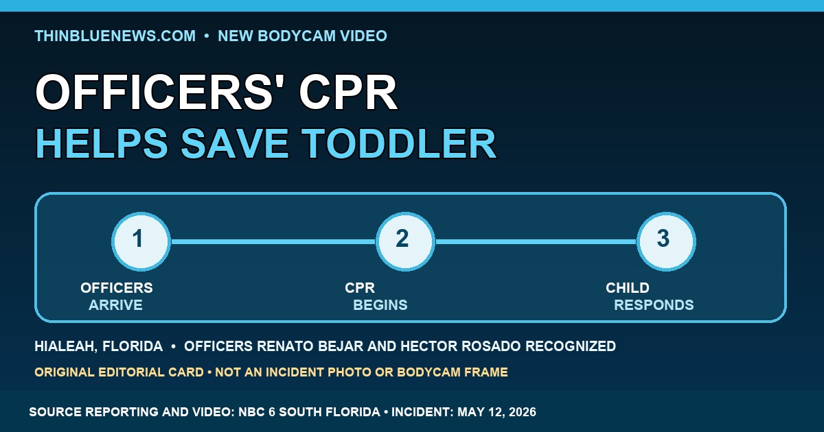 ThinBlueNews original editorial timeline card about Hialeah officers using CPR to help save a 1-year-old after a pool emergency, clearly labeled as not an incident photo or bodycam frame.