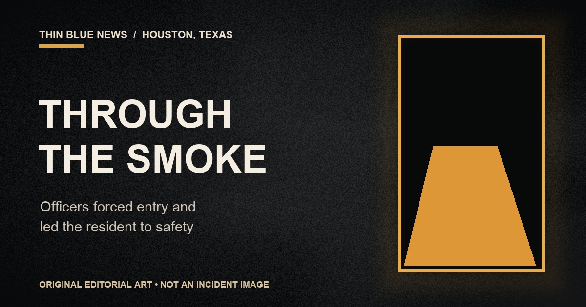 ThinBlueNews original charcoal-paper editorial artwork showing a warm open threshold with the words Through the Smoke, labeled as not an incident image.