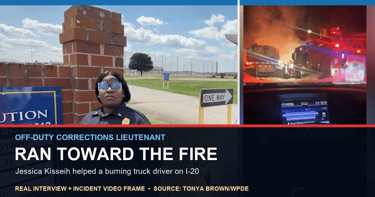 ThinBlueNews editorial split image showing South Carolina corrections Lieutenant Jessica Kisseih during a WPDE interview at Evans Correctional Institution and a viewer-submitted frame of emergency crews at the fiery I-20 truck crash.