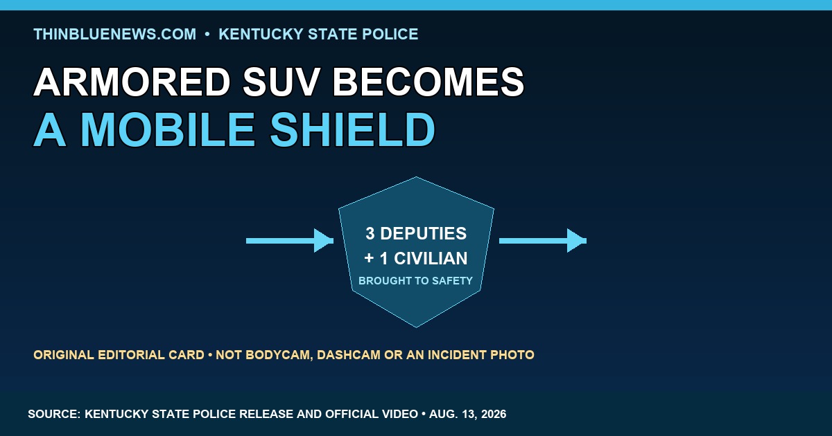 ThinBlueNews original editorial shield diagram about Kentucky State Police rescuing three deputies and a civilian with an armored SUV, labeled as not bodycam, dashcam or an incident photo.