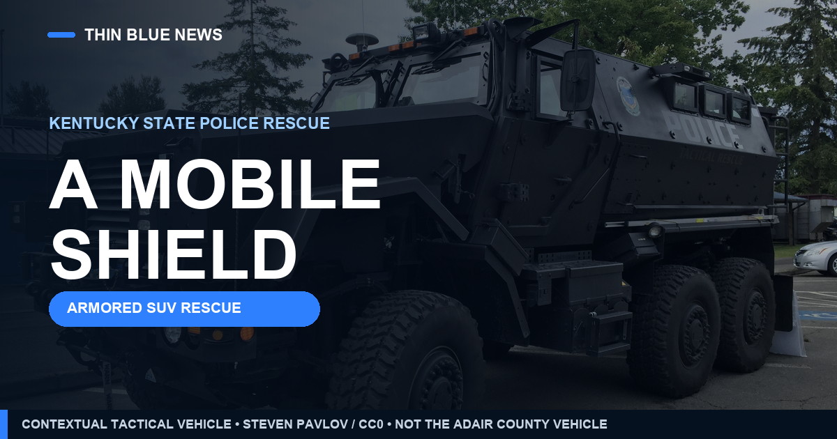 Contextual police tactical rescue vehicle photo with the headline ‘A mobile shield’; not the armored vehicle used in the Adair County rescue.