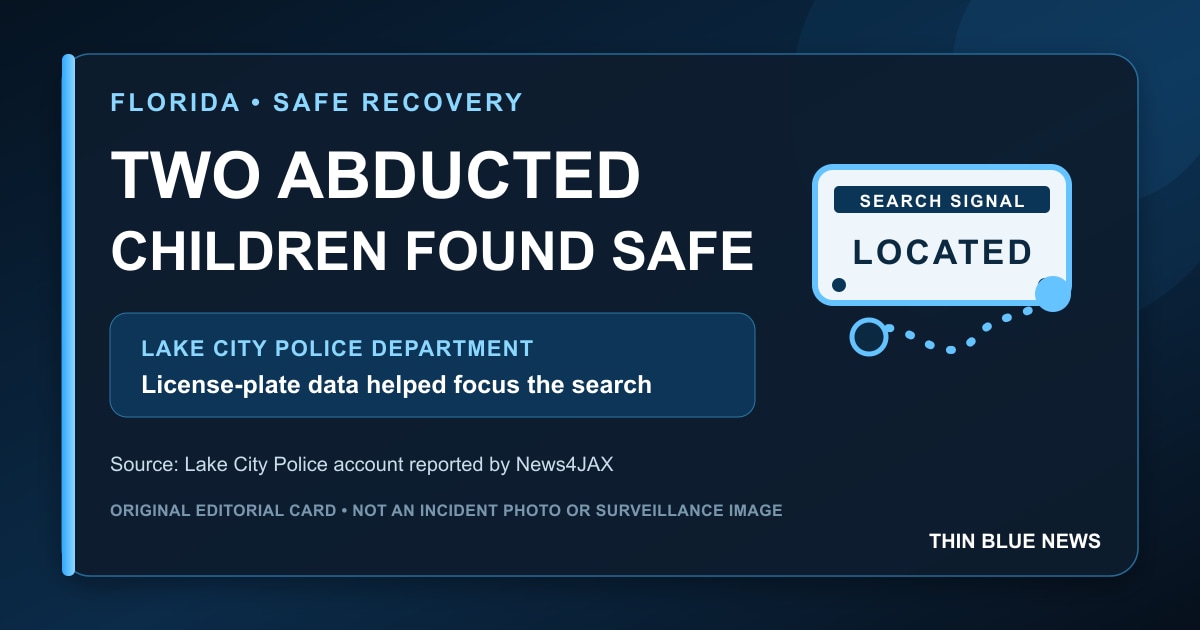 ThinBlueNews original editorial card about Lake City police using license-plate-reader and phone-location information to safely recover two abducted children; not an incident photograph or surveillance image.