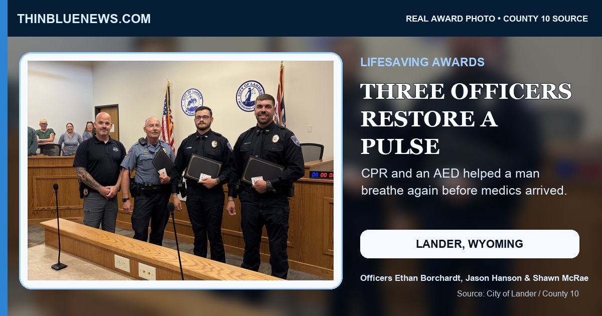 ThinBlueNews editorial card using an authentic award-presentation photograph of Lander Police Officers Ethan Borchardt, Jason Hanson and Shawn McRae holding commendation folders in the Lander City Council chamber; source photo published by County 10.