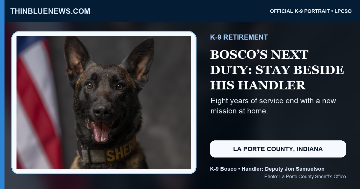 ThinBlueNews editorial card using the official La Porte County Sheriff’s Office portrait of K-9 Bosco, a Belgian Malinois retiring after eight years of service; ThinBlueNews added headline and source labeling.