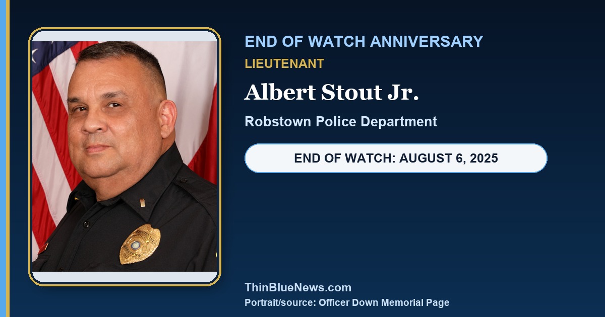 ODMP portrait of Robstown Police Lieutenant Albert Stout Jr. in a dignified ThinBlueNews End of Watch anniversary memorial design